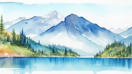 SNOW MOUNTAIN LANDSCAPE WITH LAKE AS A WATERCOLOR ILLUSTRATION. GENERATIVE AI.