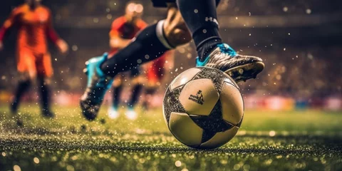 Gordijnen Close Up Football or Soccer Player Foot Playing With the Ball in Stadium. Generative AI © CYBERUSS