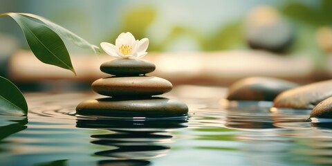 Spa Still Life with Stones and Flowers in Serenity Water. Natural Alternative Therapy. Generative Ai