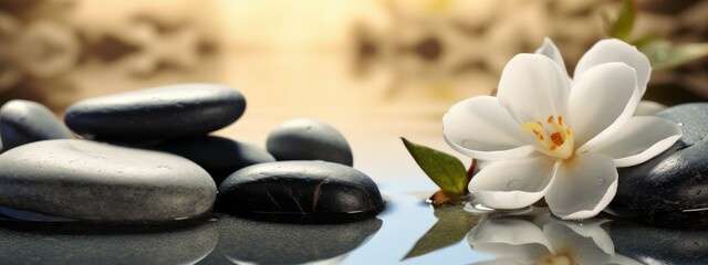 Fototapeta na wymiar Spa Still Life with Stones and Flowers in Serenity Water. Natural Alternative Therapy. Generative Ai