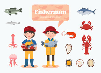 fisherman business job. Isolated worker people and seafood elements, Flat design vector illustration