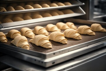 French Croissants on a Baking Sheet. Croissant in bakery. Generative AI