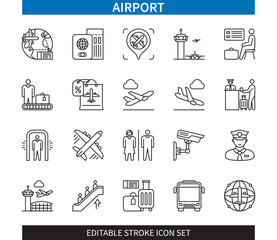 Editable line Airport outline icon set. Plane, Takeoff, Landing, Customs, Check-in, Travel, Luggage, Security. Editable stroke icons EPS
