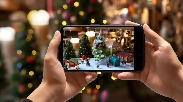 taking picture with mobile phone on christmas decorations created with Generative AI