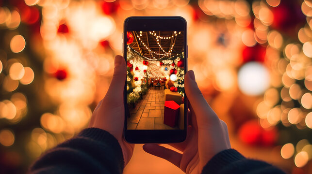 taking picture with mobile phone on christmas decorations created with Generative AI