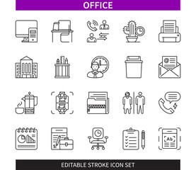 Editable line Office outline icon set. Computer, Desk, Office Space, Printer, Working Time, Archive, Calling, Document. Editable stroke icons EPS