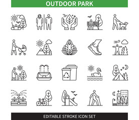 Editable line Outdoor Park outline icon set. Pond, Fountain, Dog Walking, Running, City Park, Camp, Playground, Sport Activities. Editable stroke icons EPS