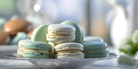 Foto auf Acrylglas Macarons macarons in a porcelain bowl, turquoise