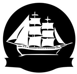 Black and white vector illustration of a big sailing ship, logo design of a ship