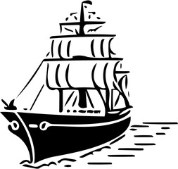 Black and white vector illustration of a big sailing ship, logo design of a ship