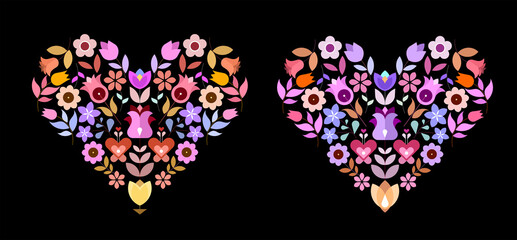 Two options of a heart shape graphic floral design isolated on a black background.