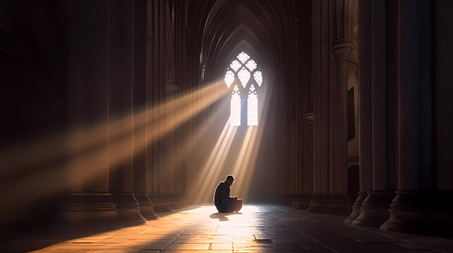 Silhouette of a man praying alone sitting in a cathedral with beam light 