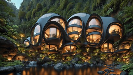 The Hive - Sci-fi futuristic brutalist architecture style building habitat with spherical pattern façade in the rainforest at dusk - Generative AI Illustration