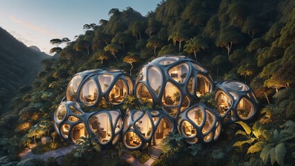 The Hive - Sci-fi futuristic brutalist architecture style building habitat with spherical pattern façade in the rainforest at dusk - Generative AI Illustration