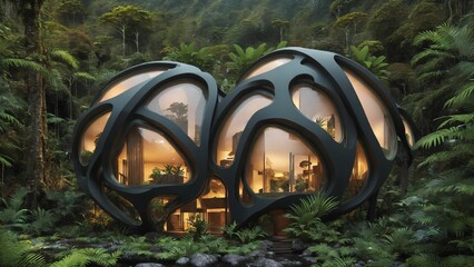 The Hive - Sci-fi futuristic brutalist architecture style building habitat with spherical pattern façade in the rainforest at dusk - Generative AI Illustration