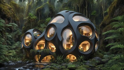 The Hive - Sci-fi futuristic brutalist architecture style building habitat with spherical pattern façade in the rainforest at dusk - Generative AI Illustration