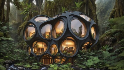 The Hive - Sci-fi futuristic brutalist architecture style building habitat with spherical pattern façade in the rainforest at dusk - Generative AI Illustration