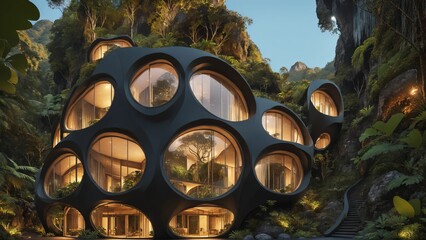 The Hive - Sci-fi futuristic brutalist architecture style building habitat with spherical pattern façade in the rainforest at dusk - Generative AI Illustration