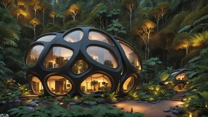 The Hive - Sci-fi futuristic brutalist architecture style building habitat with spherical pattern façade in the rainforest at dusk - Generative AI Illustration