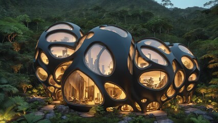 The Hive - Sci-fi futuristic brutalist architecture style building habitat with spherical pattern façade in the rainforest at dusk - Generative AI Illustration