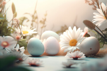 Blank copy space in the middle surrounded by easter background with pastel color flowes, Generative AI.