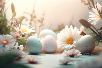 Fototapeta premium Blank copy space in the middle surrounded by easter background with pastel color flowes, Generative AI.
