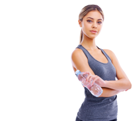 Portrait, fitness and water with a sports woman isolated on a transparent background for health or hydration. Exercise, workout and arms crossed with an attractive young athlete training on PNG