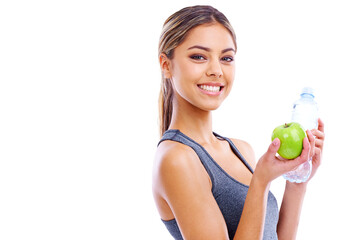 Happy woman, apple and water for natural nutrition isolated on a transparent PNG background. Portrait of female person, bottle and organic fruit for balance diet, sustainability or healthy wellness