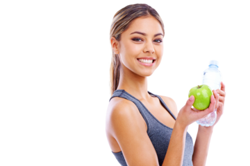 Happy woman, apple and water for natural nutrition isolated on a transparent PNG background. Portrait of female person, bottle and organic fruit for balance diet, sustainability or healthy wellness