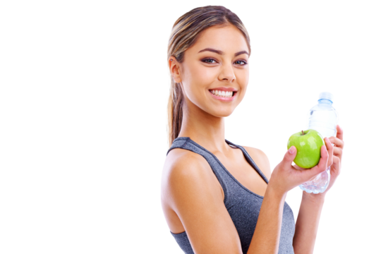 Happy woman, apple and water for natural nutrition isolated on a transparent PNG background. Portrait of female person, bottle and organic fruit for balance diet, sustainability or healthy wellness