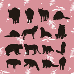 Vector cows wolfs beaver red panda otter puma handdraw silhouettes collections