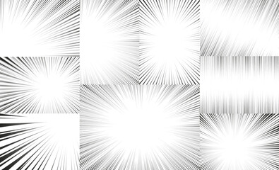 Manga lines radial speed for burst effect set. Motion and force action focus flash strip lines for anime comic book. Vector background illustration of black ray manga speed frame.