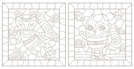 A set of contour illustrations in the style of stained glass with cute cartoon raccoon and fox, dark contours on a white background