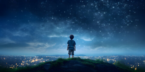 Fototapeta na wymiar Boy on the top of mountain, night sky with stars
