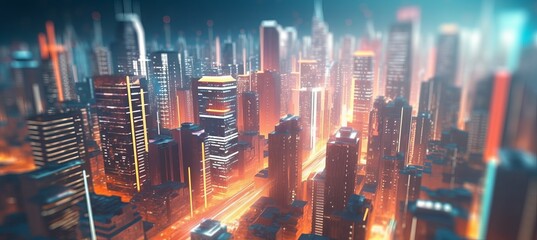 Bright night cityscape building background. Fast speed lights effect. Generative AI
