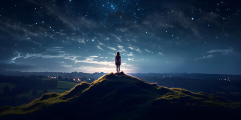 Fototapeta premium person on the top of mountain, night sky with stars