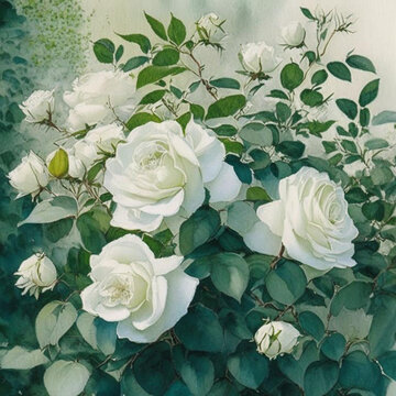 Beautiful white roses garden. Spring flower background, white rores bush.