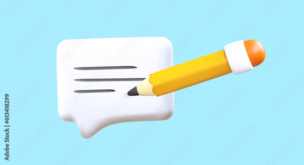 Aufkleber 3d notification icon and yellow pencil. recording text messages in messenger. saving information. le