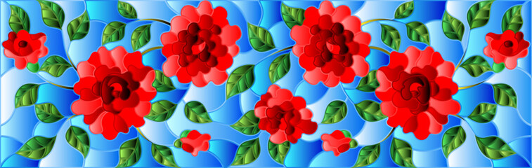 An illustration in the style of a stained glass window with scarlet rose flowers on a blue sky background