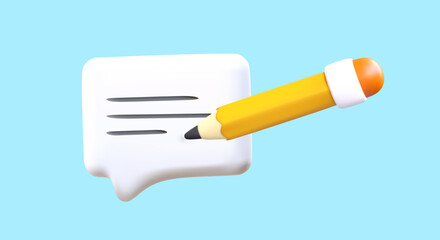 3D notification icon and yellow pencil. Recording text messages in messenger. Saving information. Lecture notes, training. Vector illustration on blue background