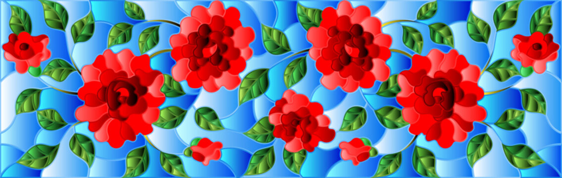 An illustration in the style of a stained glass window with scarlet rose flowers on a blue sky background