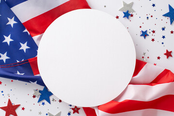 The fourth of july celebration concept. Above view photo empty round frame surrounded by red, white...