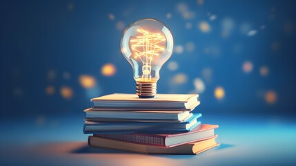 light bulb and books on blue background  created with Generative AI