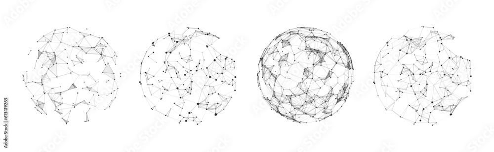Poster Set of abstract spheres from points and lines on a white background. Network connection structure. Big data visualization. Vector illustration.