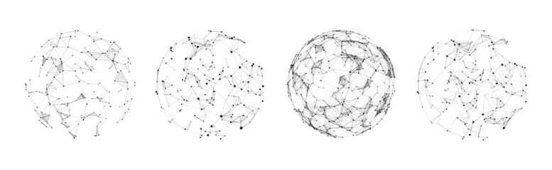 Set of abstract spheres from points and lines on a white background. Network connection structure. Big data visualization. Vector illustration. - obrazy, fototapety, plakaty