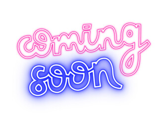 Coming soon neon sign. Shining signboard for social media and announce. PNG sticker