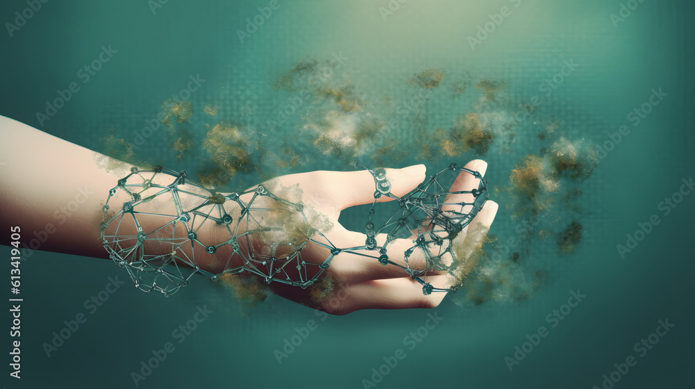 Poster hands using technology of renewable resources to reduce pollution and carbon emission.