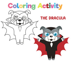 Coloring activity for kids a cute puppy in Halloween costume party the cute Dracula. Coloring book with Halloween theme. worksheet page. Simple coloring sheet for children. 