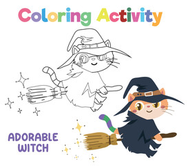 Coloring the cute kitten as a witch riding the broomstick. Coloring book with Halloween theme. worksheet page. Coloring activity page for kids. Educational printable coloring worksheet. Vector file