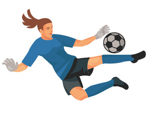 Women's football goalkeeper in a blue shirt and gloves jumping high to catch the ball